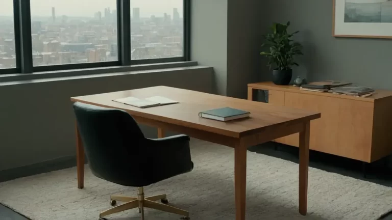 Hier ist eine mögliche Antwort:Ruhevolles Büro mit Holzschreibtisch